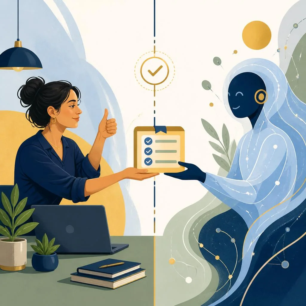 Editorial illustration of a human operator receiving a prepared task from an abstract AI assistant at a clear handoff.