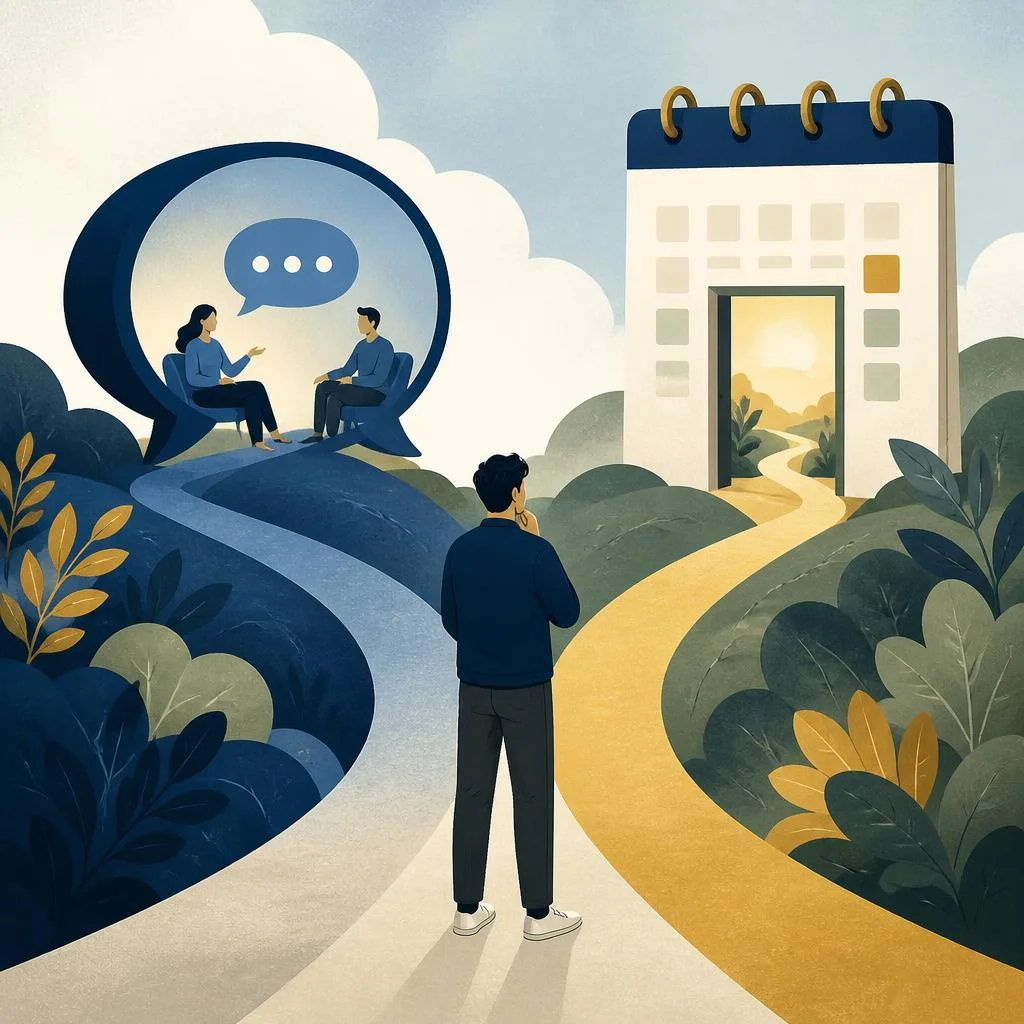 Editorial illustration of a customer choosing between a conversation route and a calendar route.