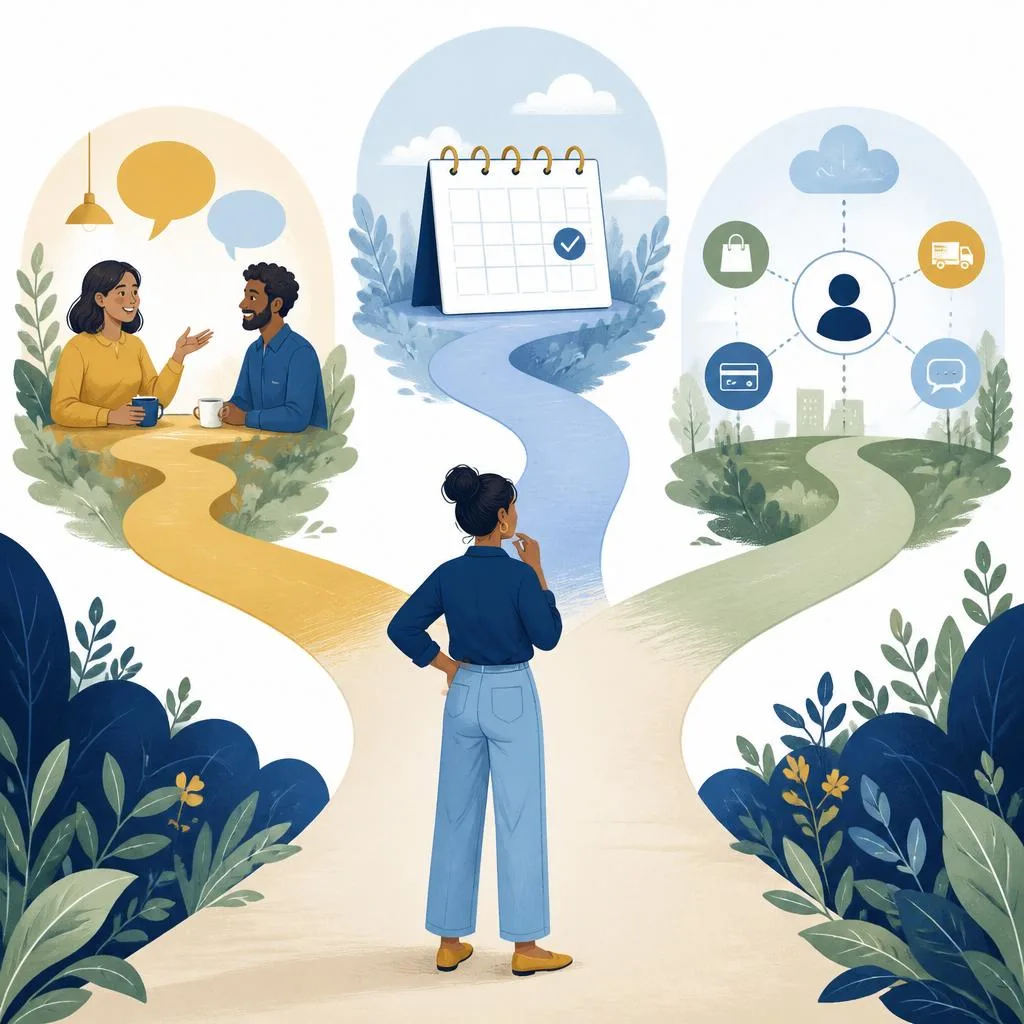 Editorial illustration of a small-business owner choosing among conversation, calendar and connected service routes.