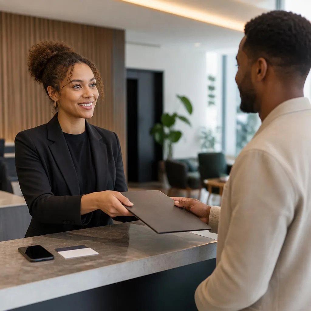 Service professional handing a document folder to a customer beside a phone and appointment card.