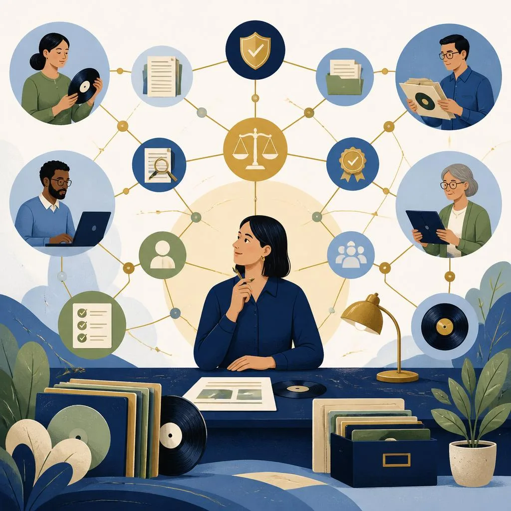 Editorial illustration of people, records and workflow nodes linked into a trustworthy network.