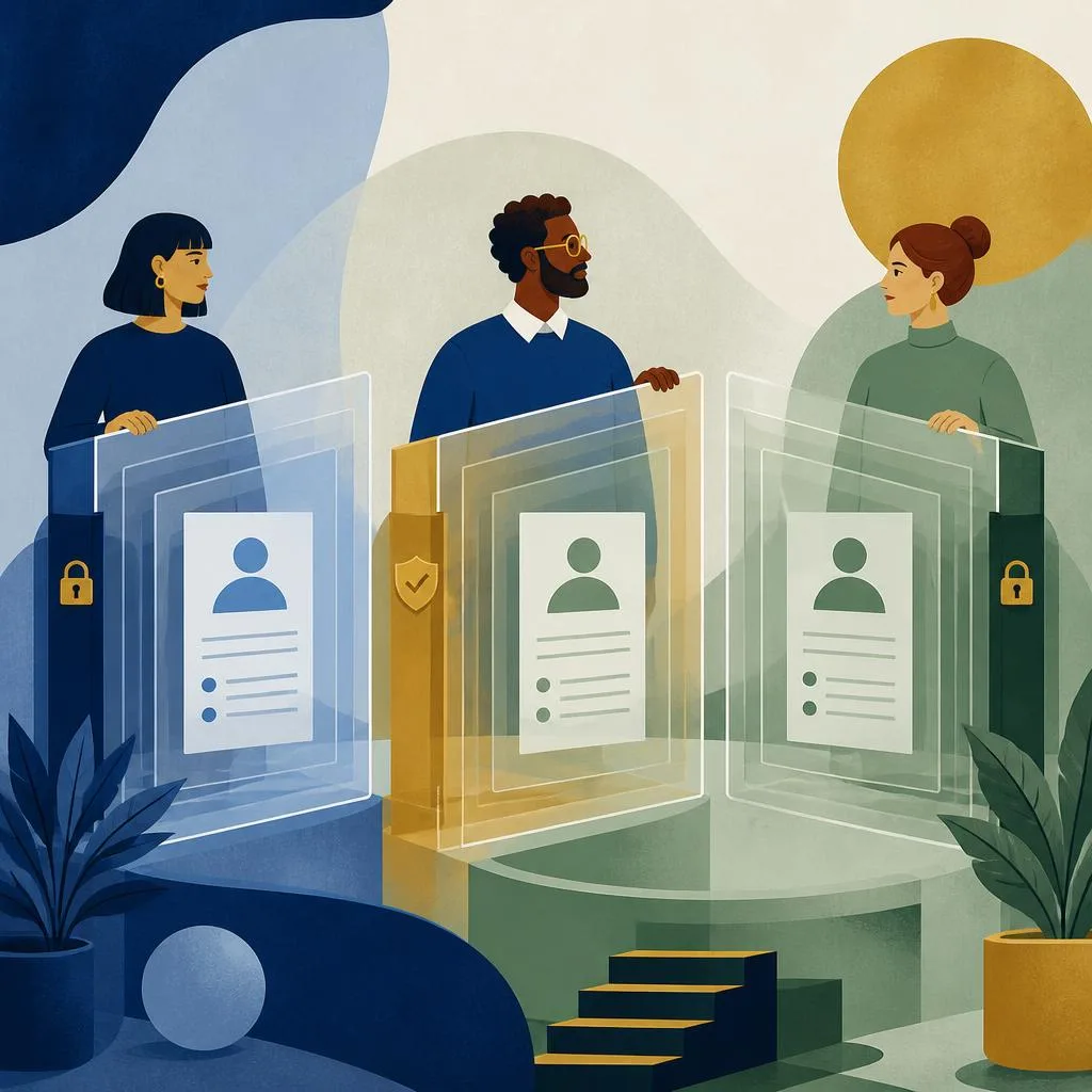 Editorial illustration of three people behind layered gates around separate record cards.