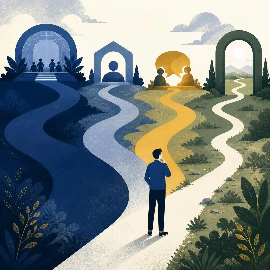 Editorial illustration of four differently sized customer routes with a person selecting the smallest clear route.