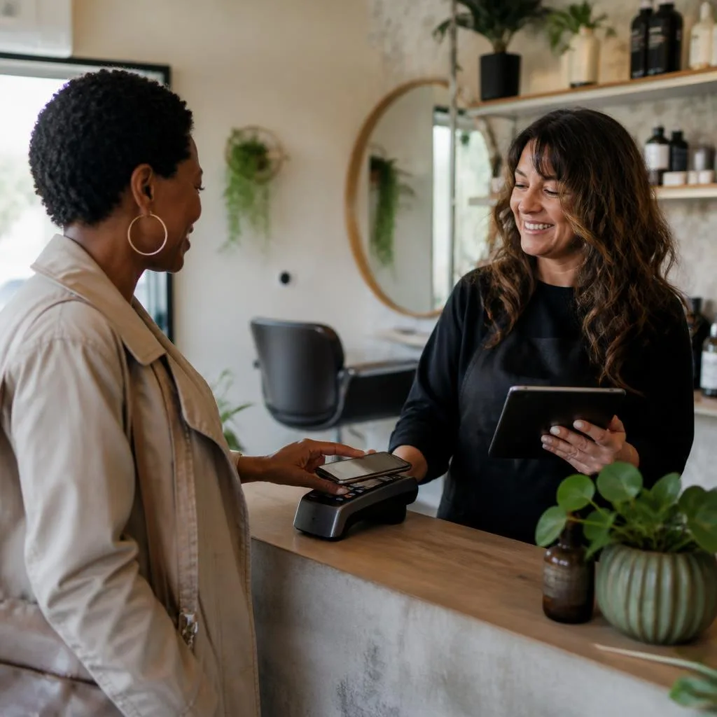 Customer making a contactless payment while a service professional confirms an appointment.