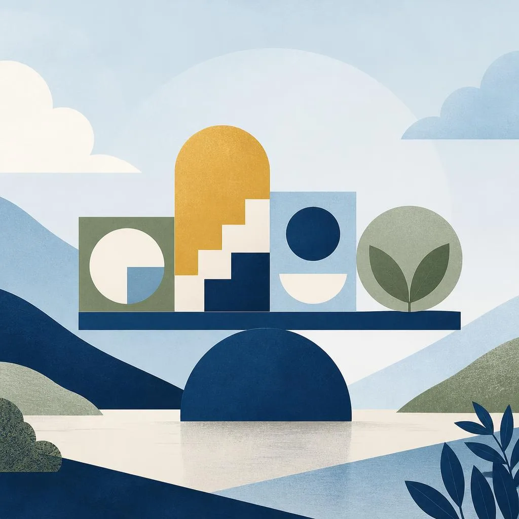 Editorial illustration of balanced building blocks representing scope, content, design and support.