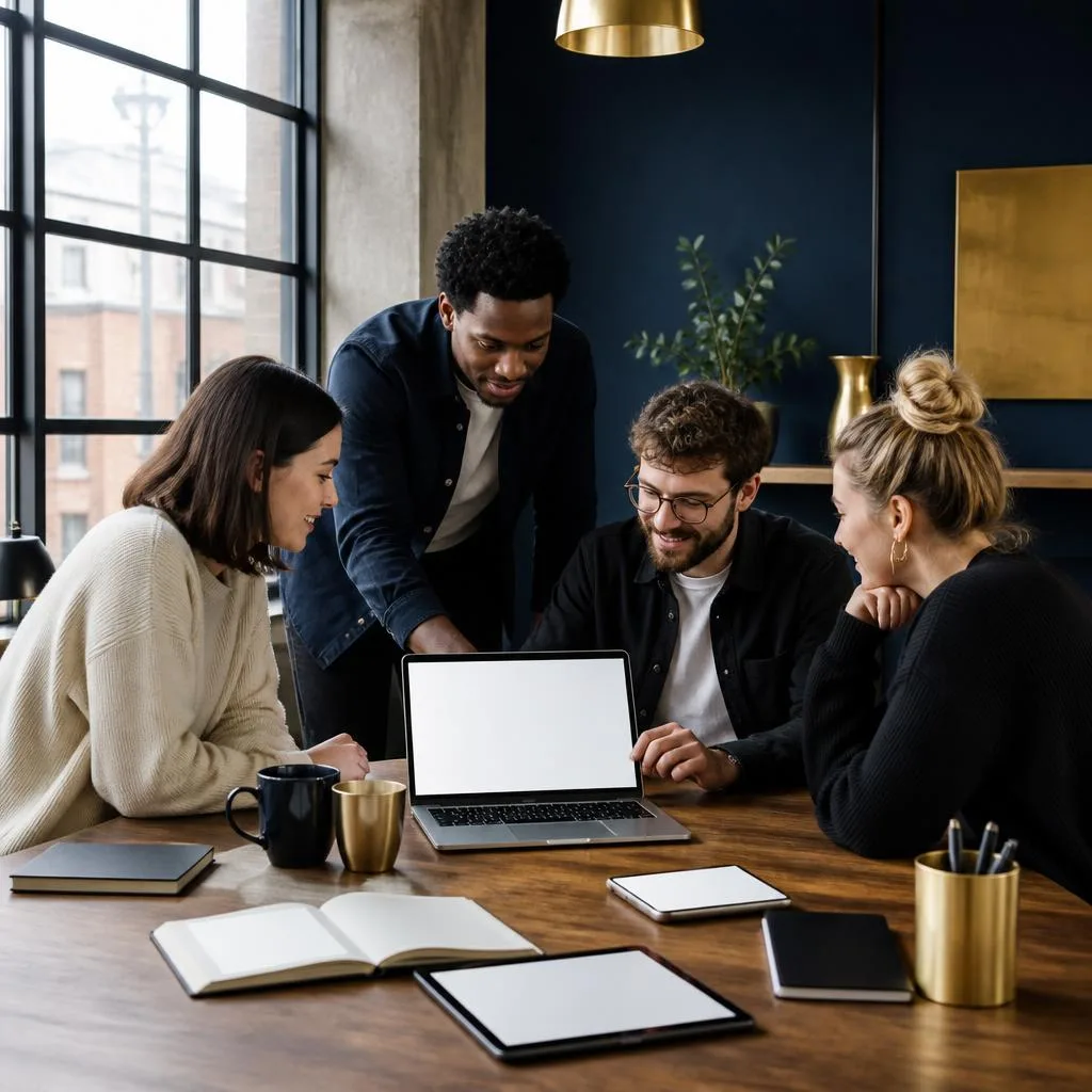 Diverse small-business team reviewing a website plan together around a laptop in a London studio.