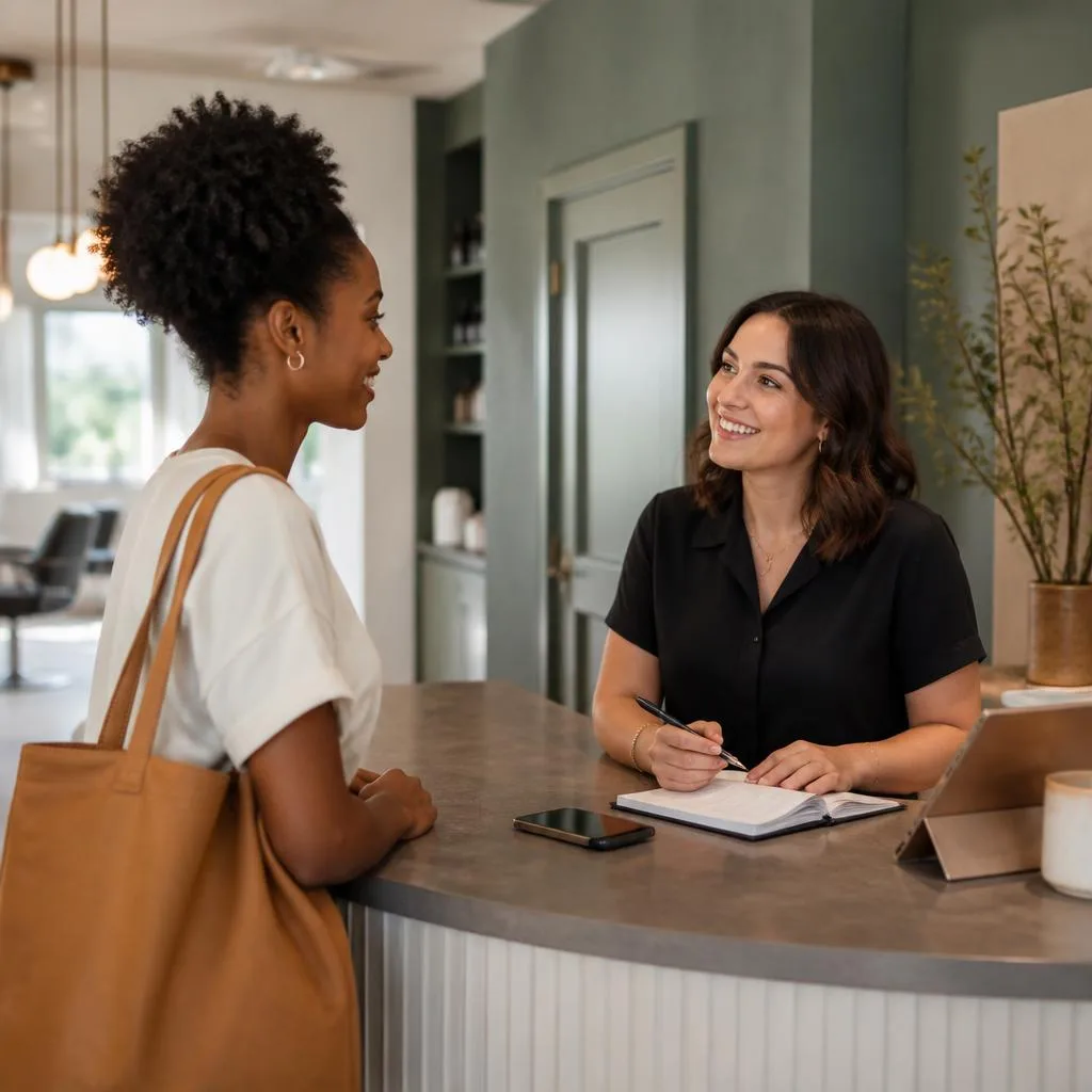 Customer and service professional confirming an appointment at a contemporary studio reception.