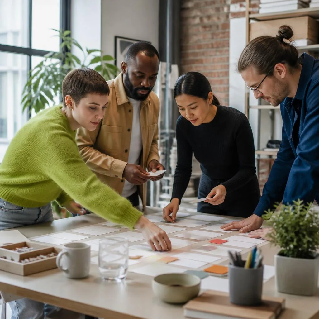 Diverse small-business team arranging blank cards and objects into a workflow around a table.