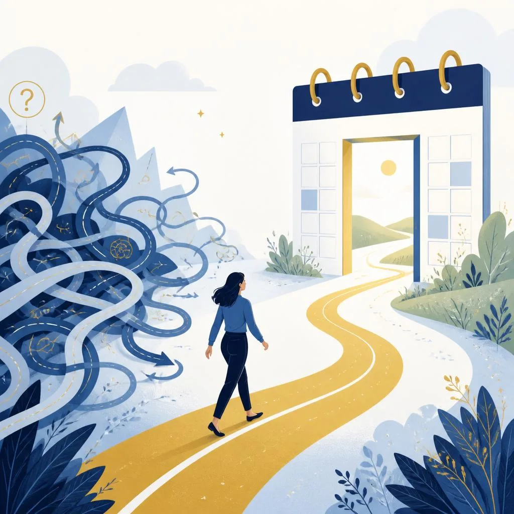 Editorial illustration of a tangled booking path becoming a clear route into a calendar doorway.