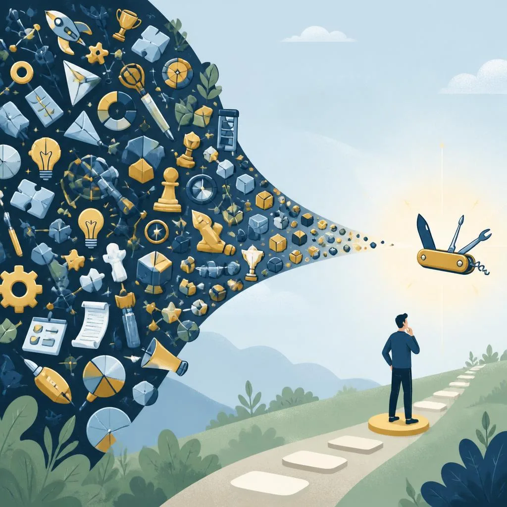 Editorial illustration of a broad feature pile narrowing into one focused useful tool.