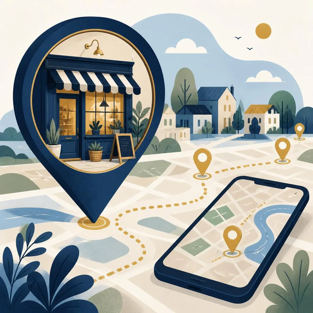 Editorial illustration of a local shop connected to clear location markers, a phone and a map path.