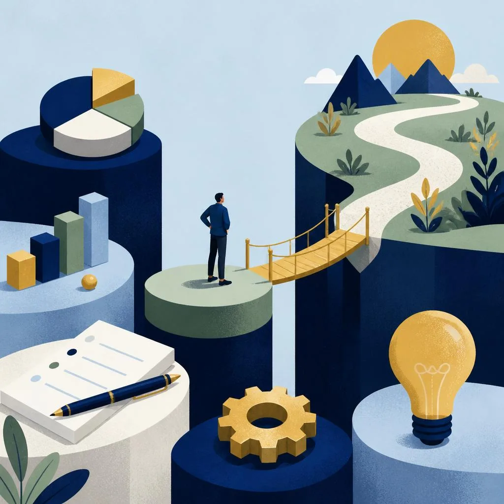 Editorial illustration of disconnected business tools joined by a small bridge toward a focused custom path.