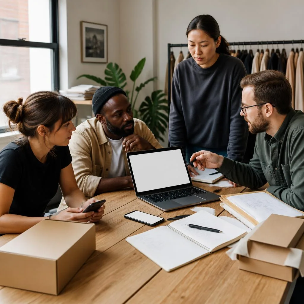 Diverse service-business team coordinating enquiries, bookings and a delivery task around a shared worktable.