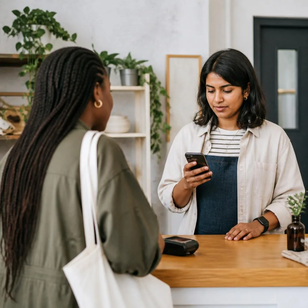 Small-business owner checking a phone while a customer waits at a service counter.