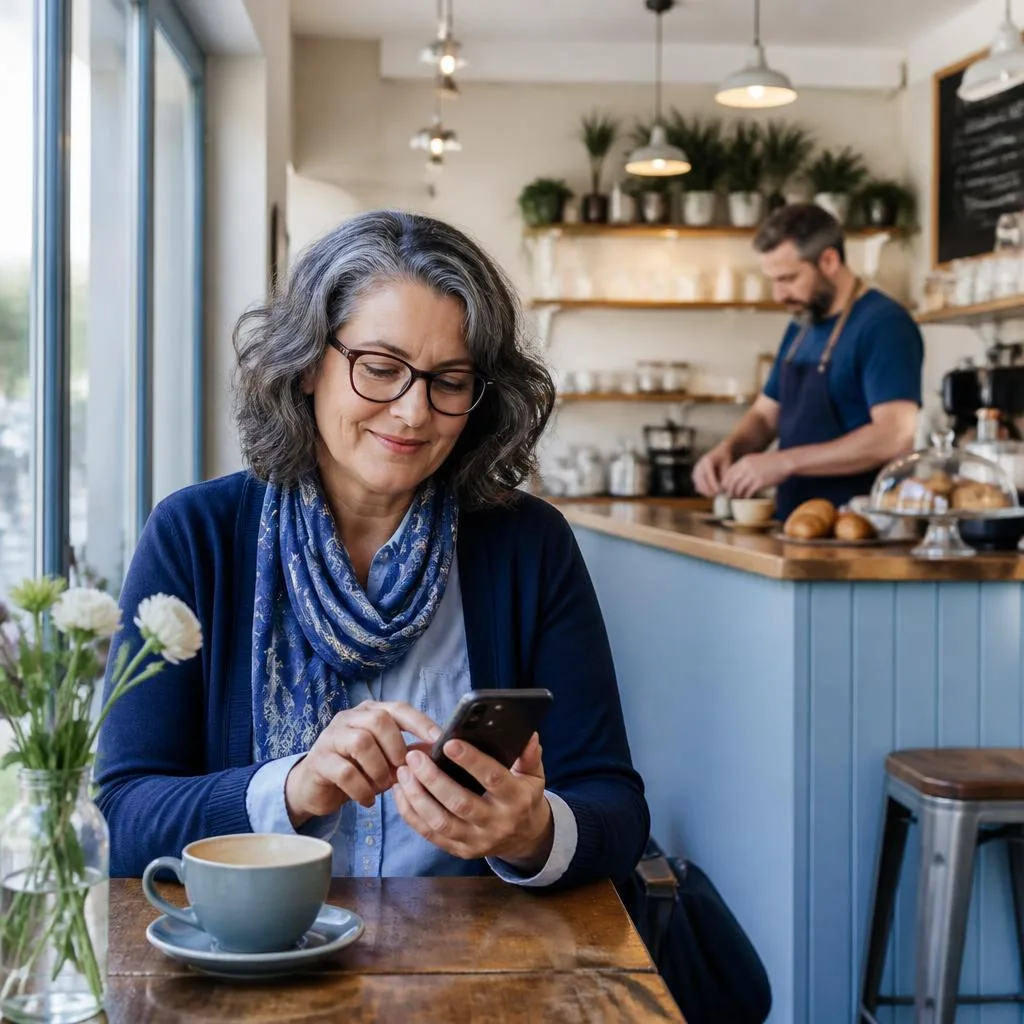 Customer using a phone in a cafe while a local business owner works in the background.