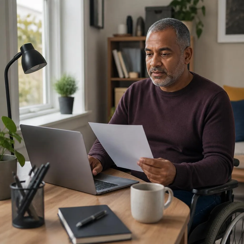Customer reviewing a document and preparing a response on a laptop in a calm home workspace.