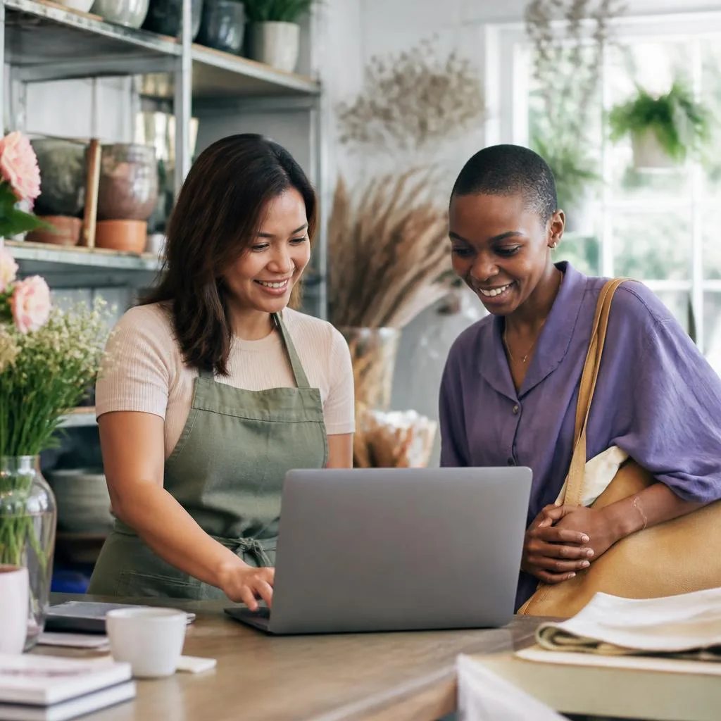 Small-business owner and returning customer looking together at a laptop in a friendly service setting.