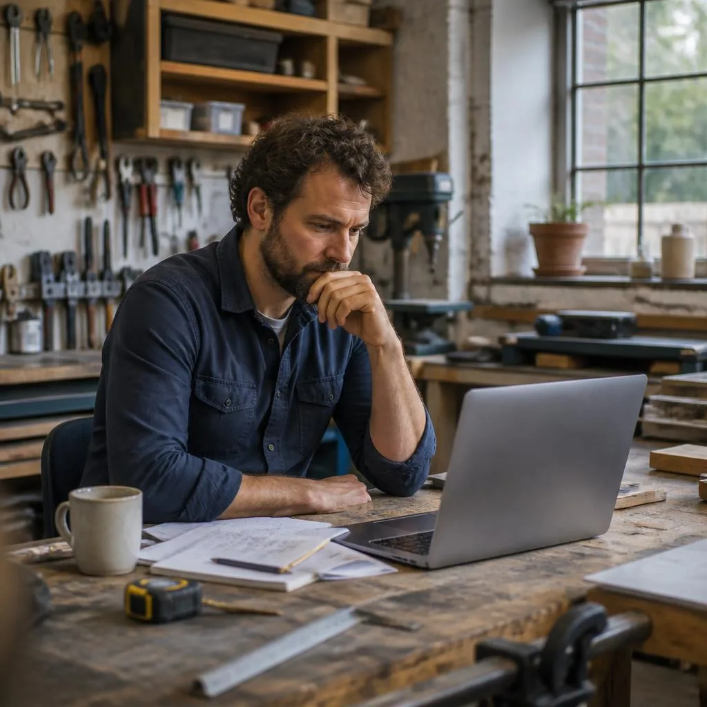 Independent business owner considering a laptop beside real tools and paperwork at a workbench.