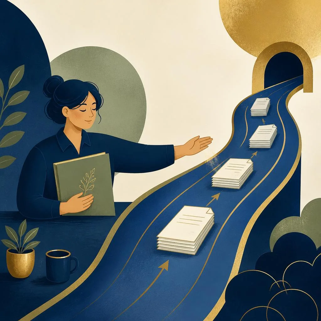 Editorial illustration of repetitive paper tasks entering a simple flow while a person keeps a sensitive decision.