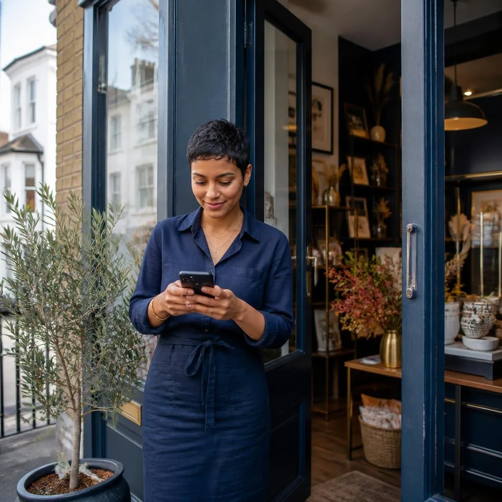 Shop owner checking a business website on a phone in a bright neighbourhood storefront.